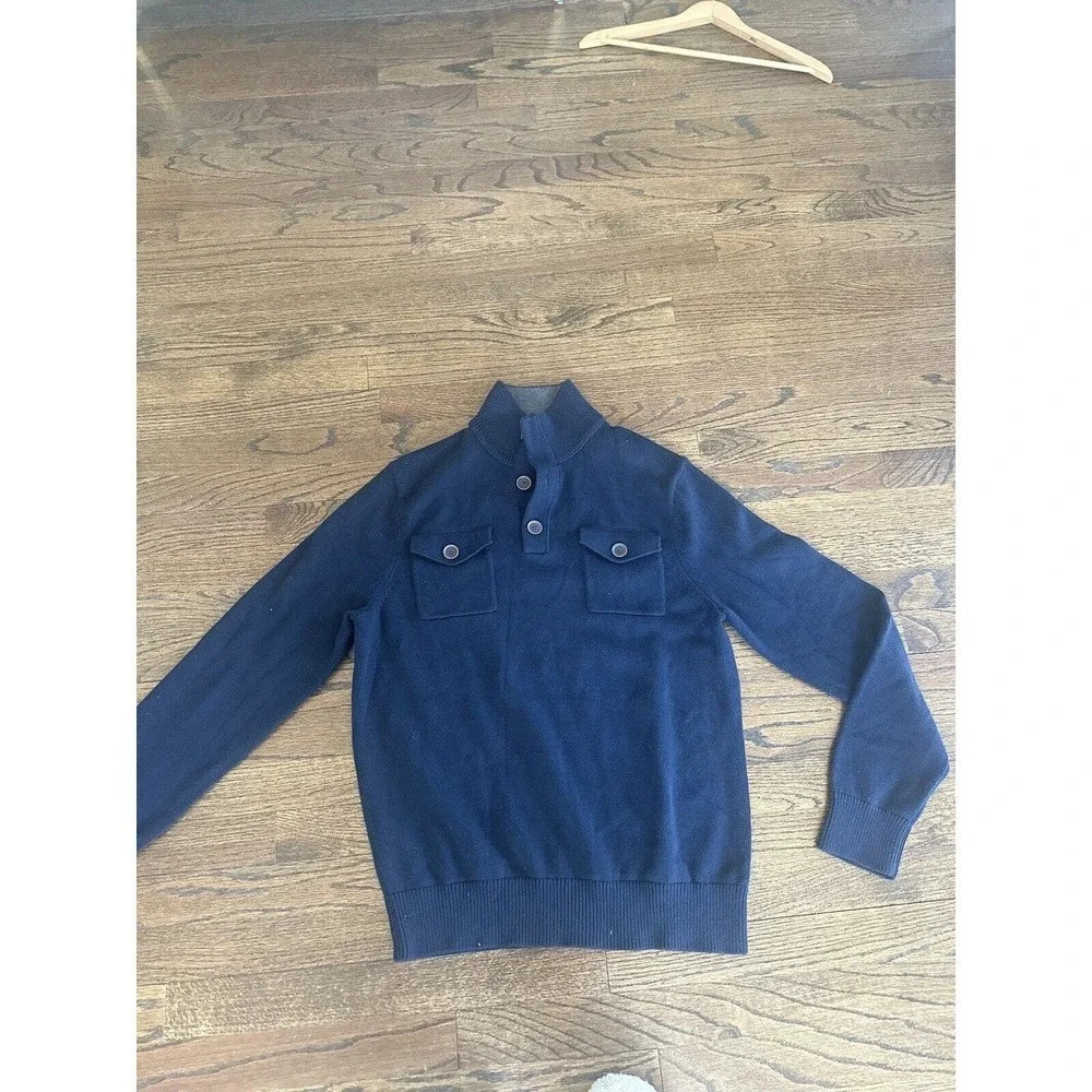 BANANA REPUBLIC MOCK NECK 1/4 BUTTON UP MILITARY SWEATER - NAVY Size M 2755